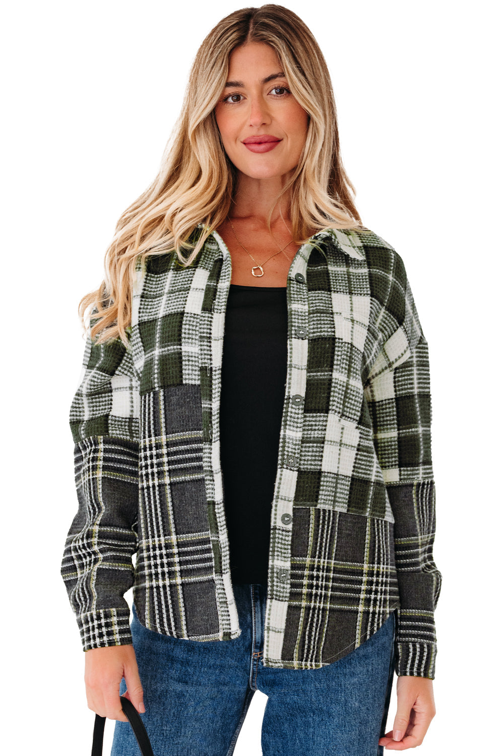 Plaid Print Textured Buttoned Shacket - eAura