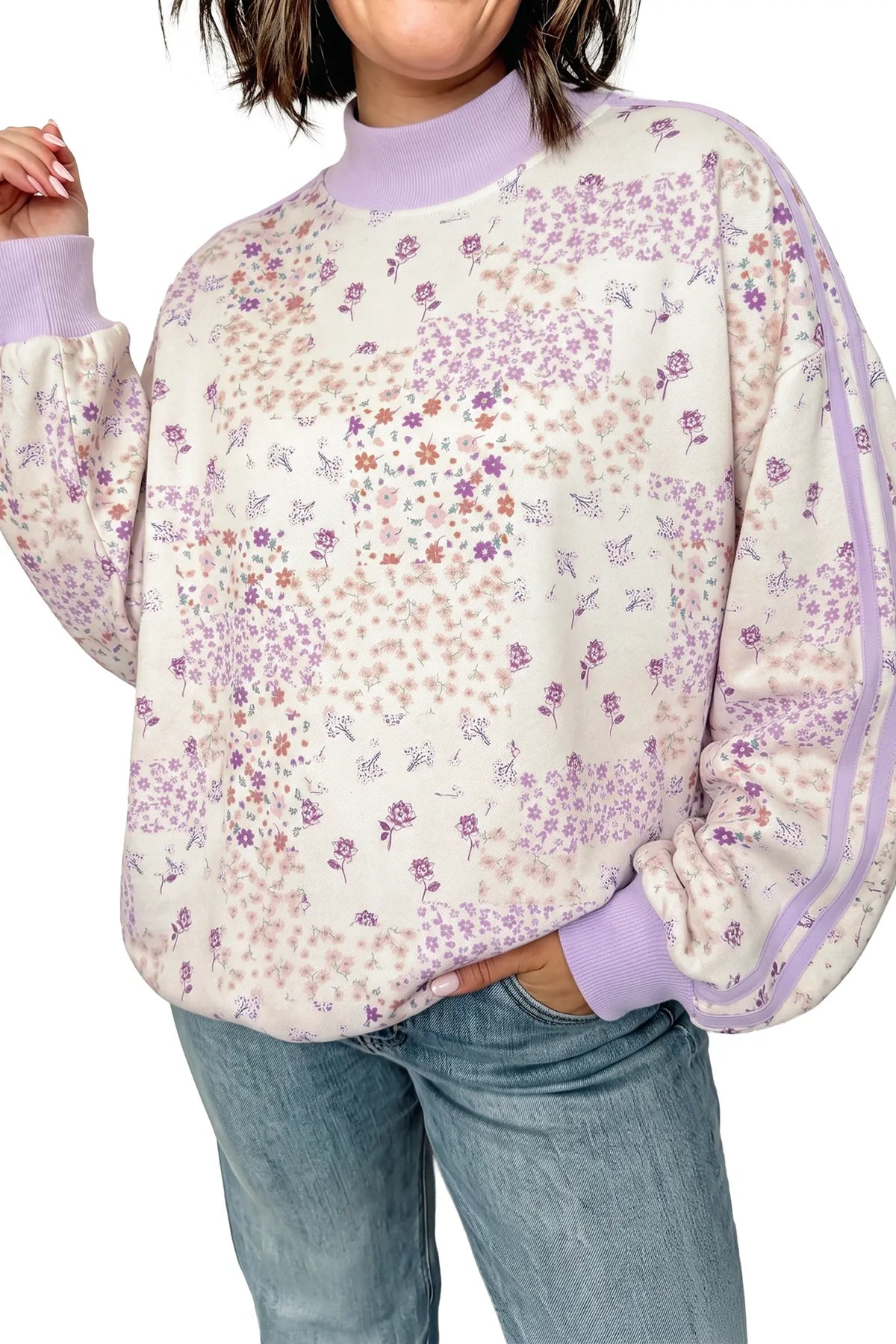 Floral Print High Neck Colourblock Sleeve Paneling Sweatshirt – Purple