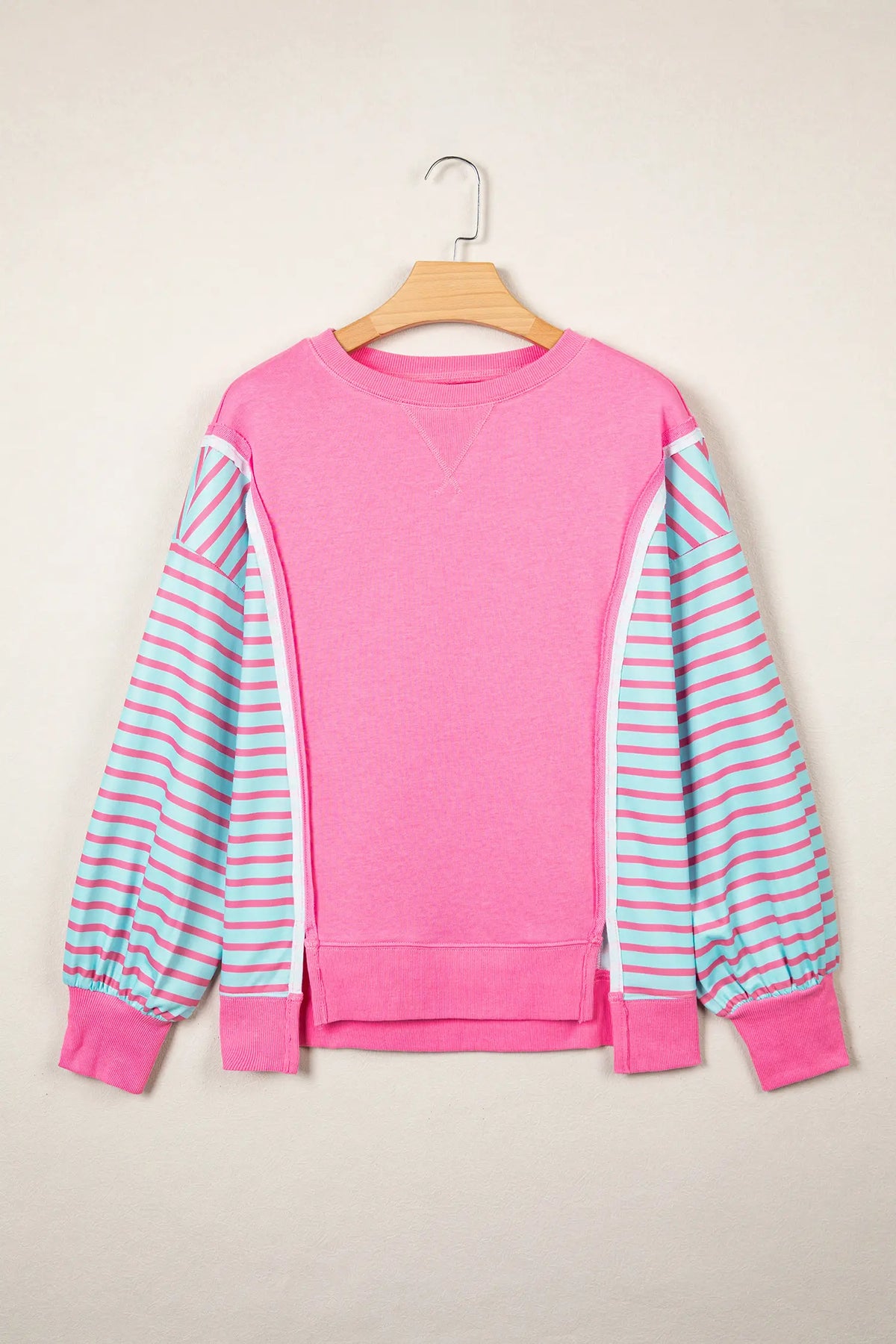 Colour Block Patchwork Relaxed Split Long Sleeve Top – Rose Stripe