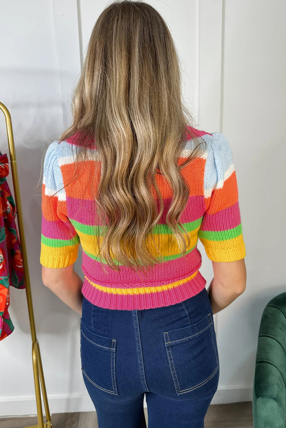 Multicolour Colour Block Cropped Short Sleeve Sweater eAura