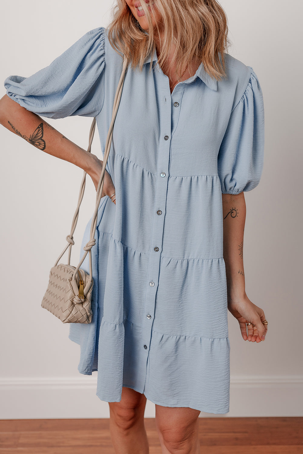 Beau Blue Shirt Collar Button Up Short Puff Sleeve Tiered Shift Dress - eAura