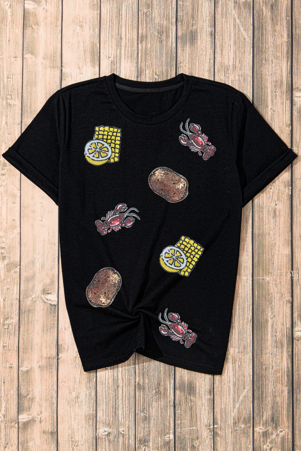 White Sequin Crawfish Potato Lemon Corn Graphic Crewneck T Shirt eAura