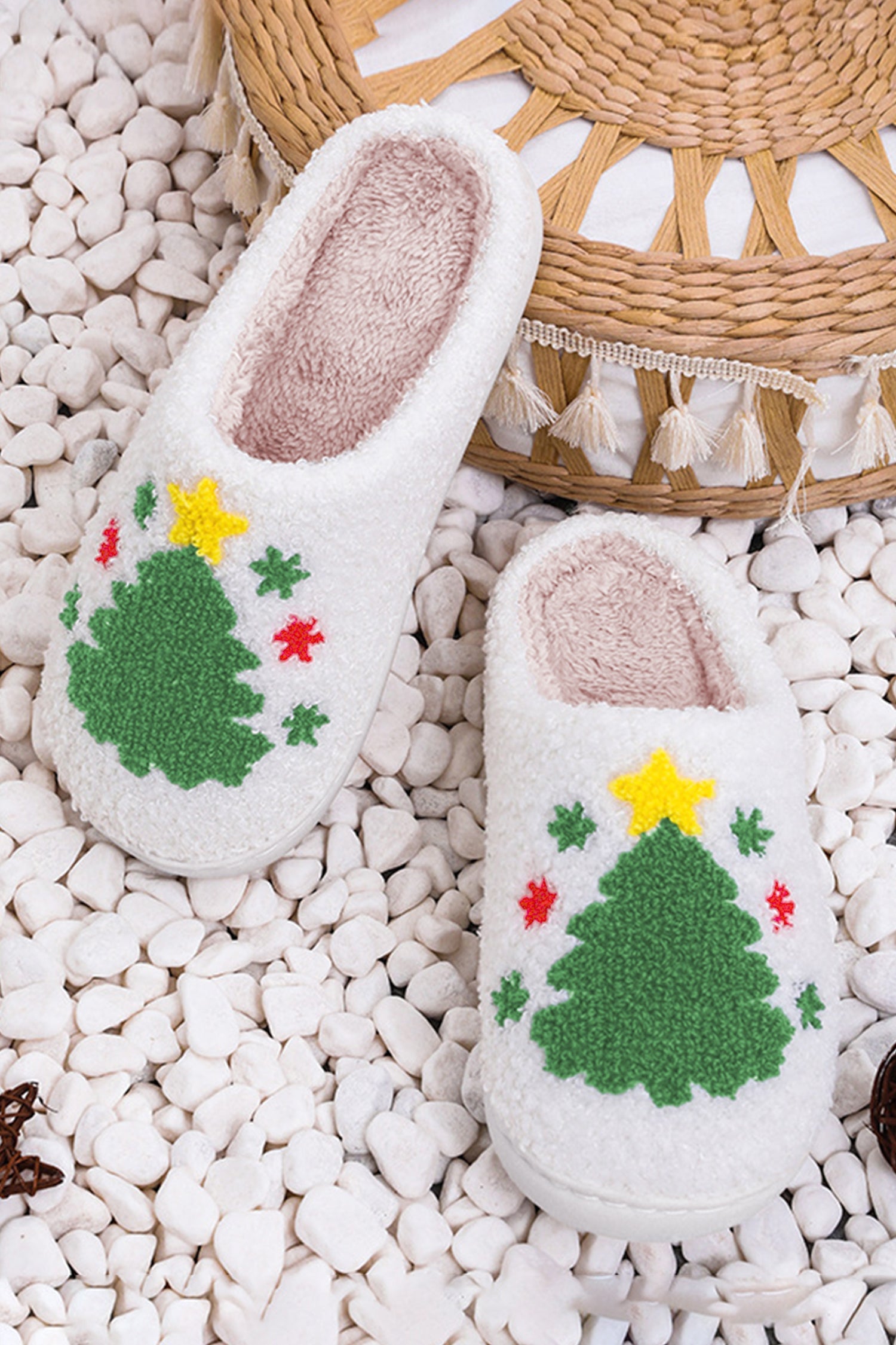 White Fuzzy Christmas Tree Pattern Home Slippers - eAura