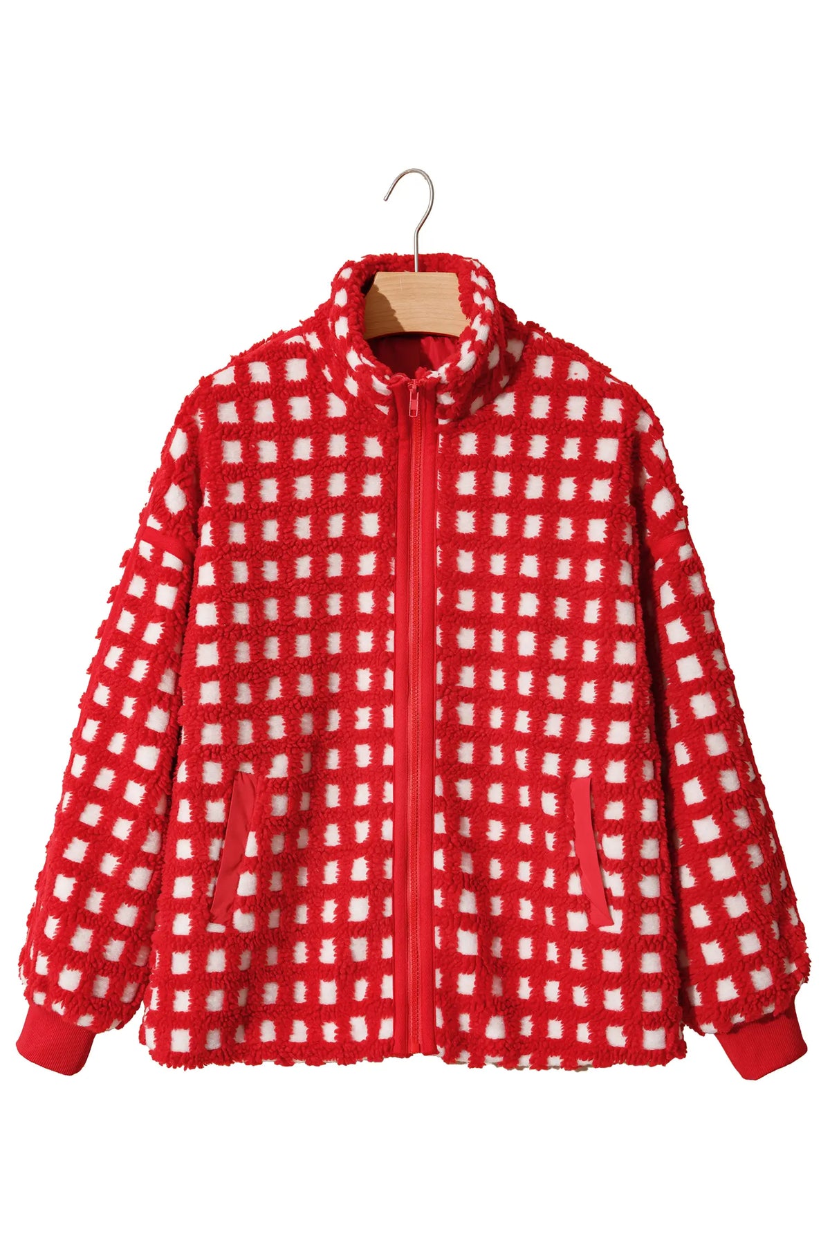 Plaid Zip-up Long Sleeve Jacket – Fiery Red