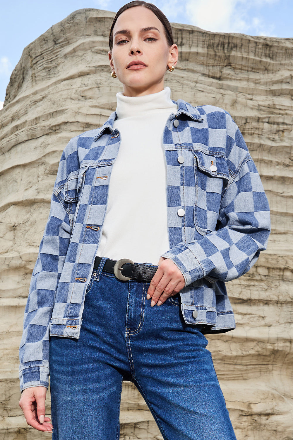 Light Blue Checkered Patchwork Button up Denim Jacket Beagle Boutique Fashion Outlet