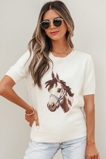 White Wild West Horse Head Print Short Sleeve Sweater