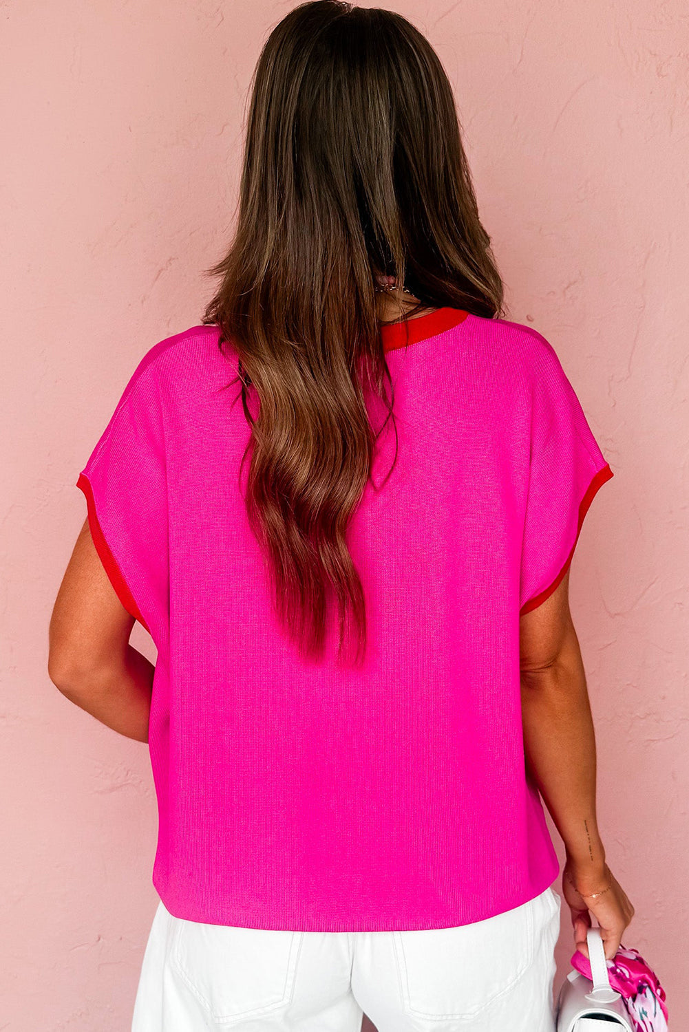 Contrast Trim Round Neck Short Sleeve Loose Knit Sweater eAura