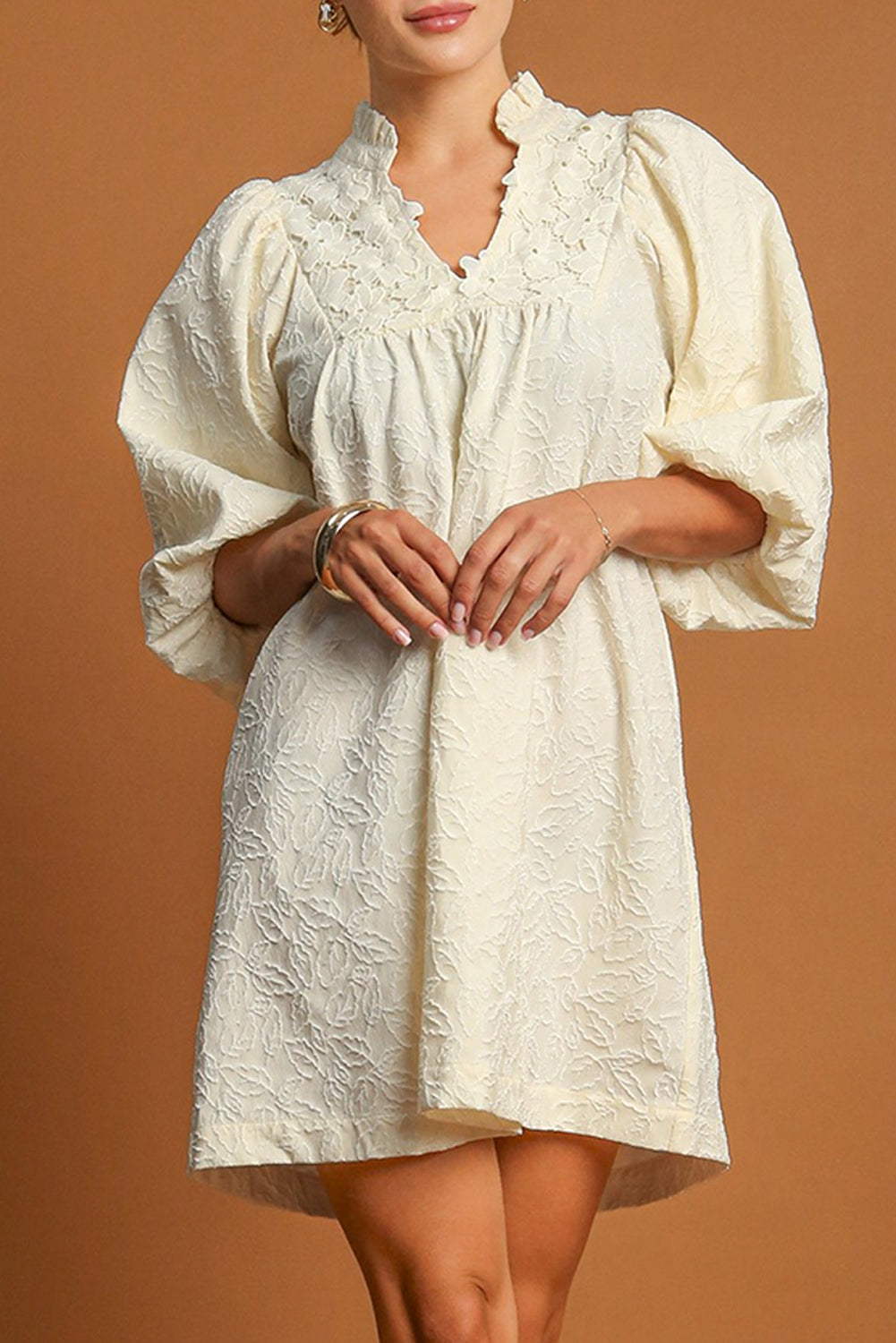 White Floral Textured Bubble Sleeve Frilled Notched Neck Dress eAura