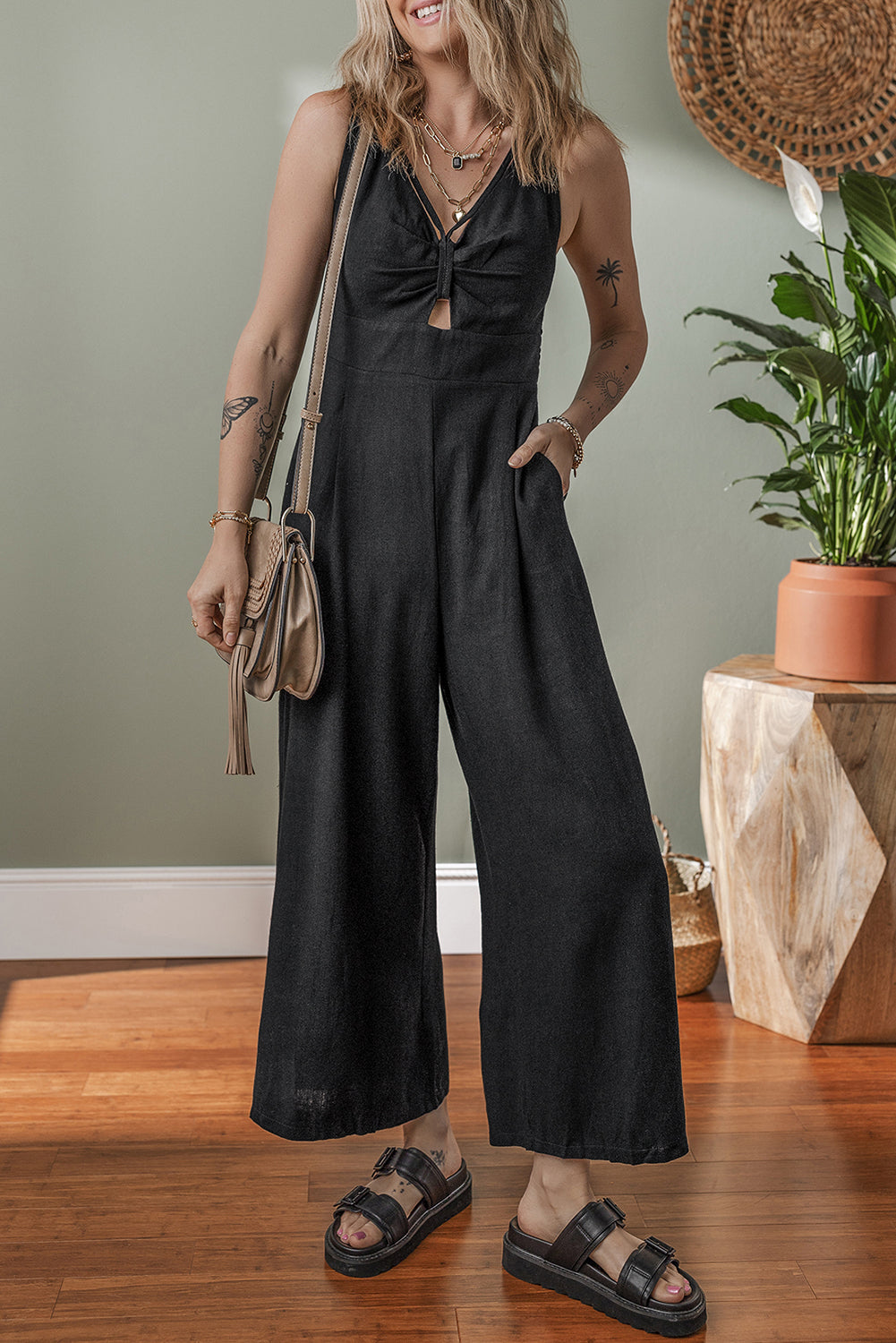 Black Front Cut Out Smocked Back Sleeveless Wide Leg Jumpsuit eAura