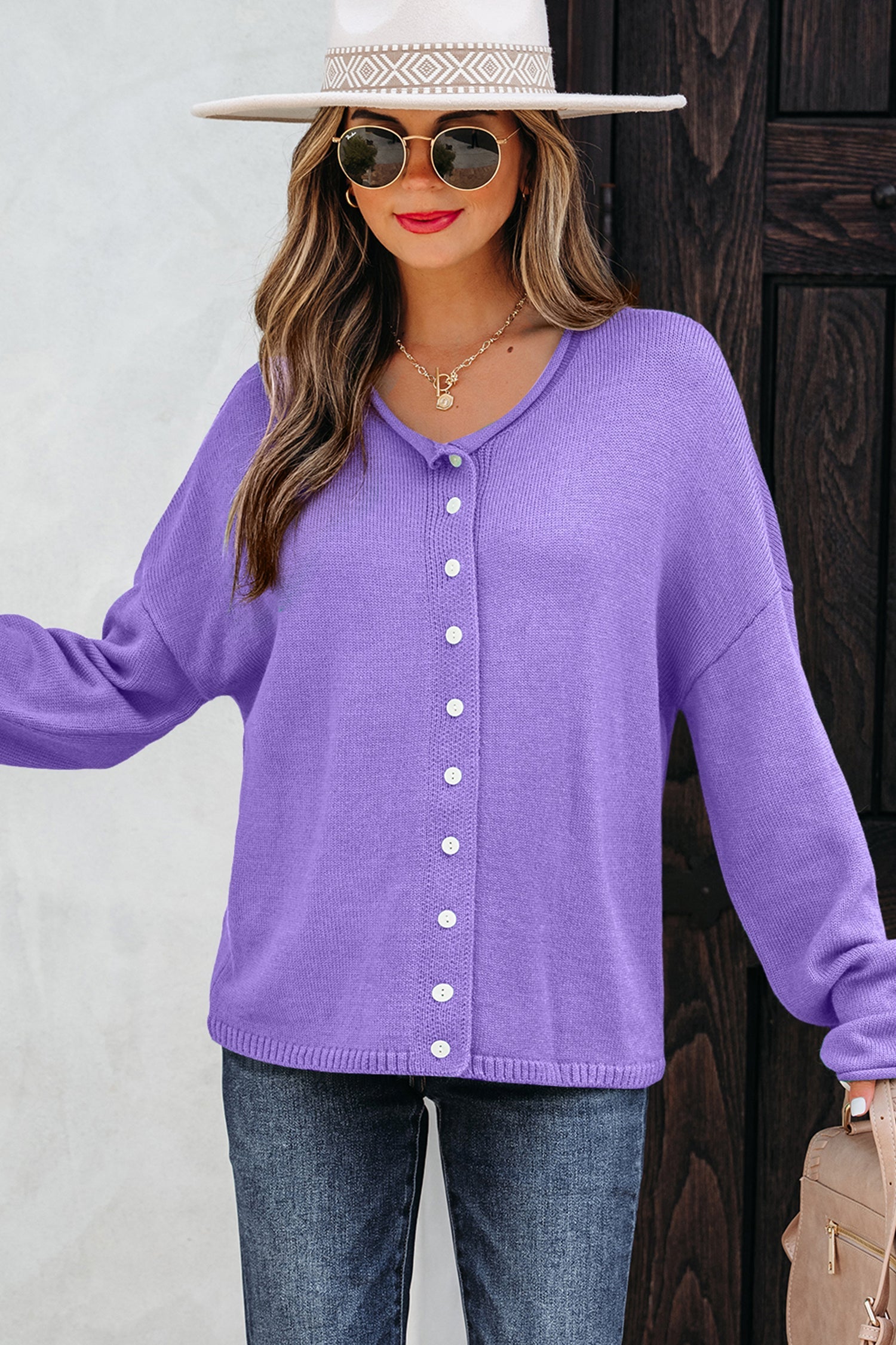 Knit Button Drop Shoulder Sweater Cardigan - Sweaters & Cardigans/Cardigans