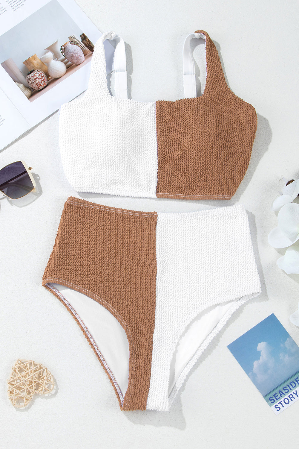 Corded Colorblock Square Neck High Waist Bikini Set
