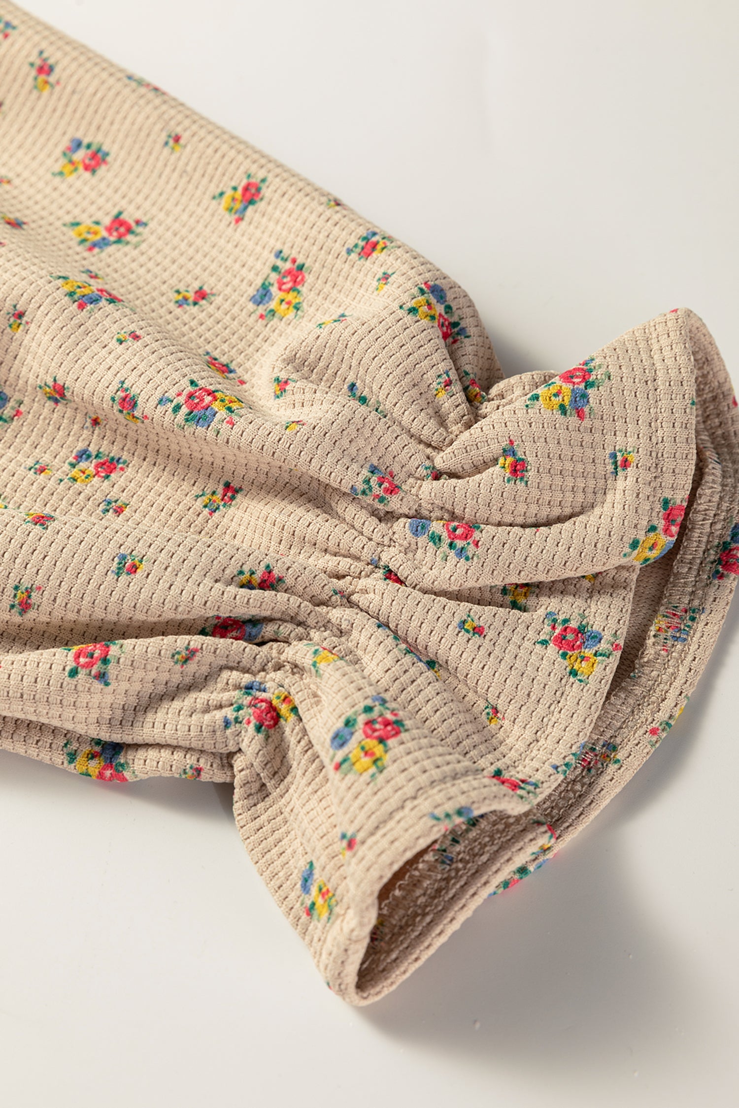 Boho Floral Plaid Patchwork Distressed Detail Ruffled Sleeve Waffle Shacket - Outerwear/Jackets