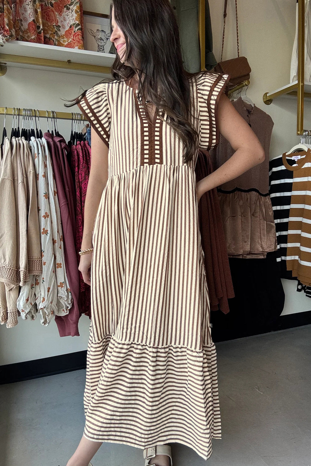 Striped Double Ruffled Short Sleeve Contrast Trim V-Neck Midi Dress