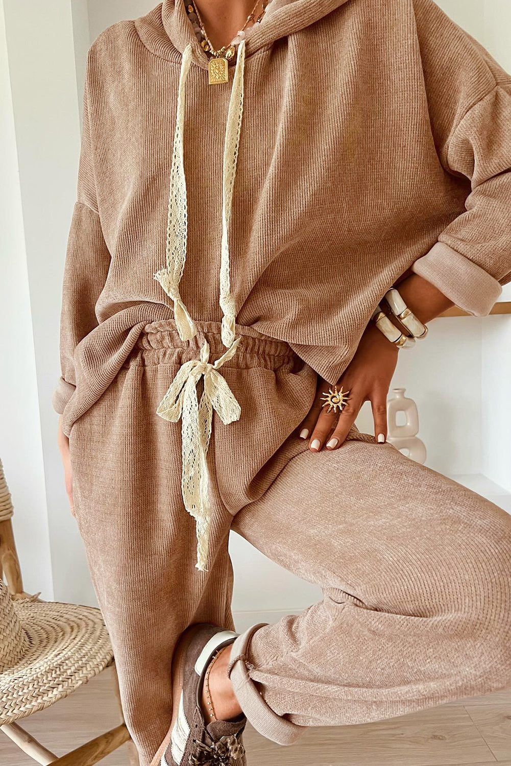 Pullover Hoodie and High Waist Bottoms Soft Cord Co-ord Set - eAura