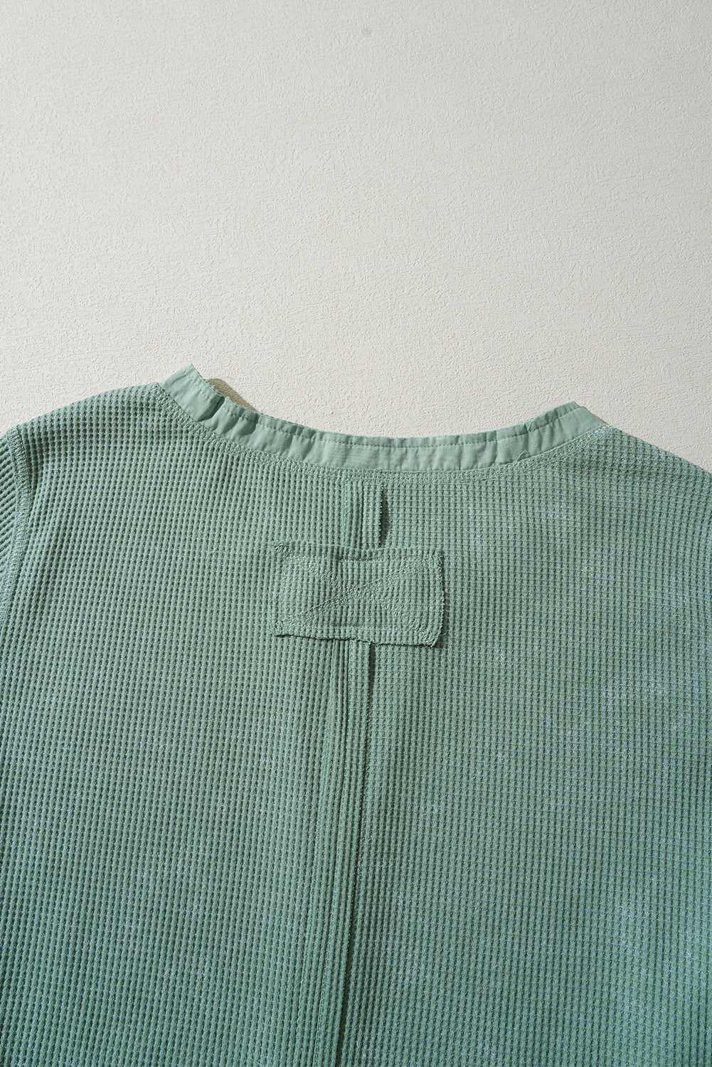 Smoke Green Acid Wash Waffle Knit Buttoned Neckline Long Sleeve Top Beagle Boutique Fashion Outlet