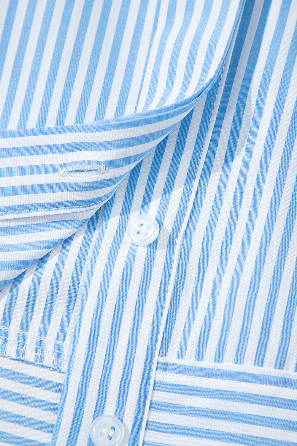 Sky Blue Stripe Contrast Collar Hidden Button Short Sleeve Summer Shirt BB Fashion Outlet