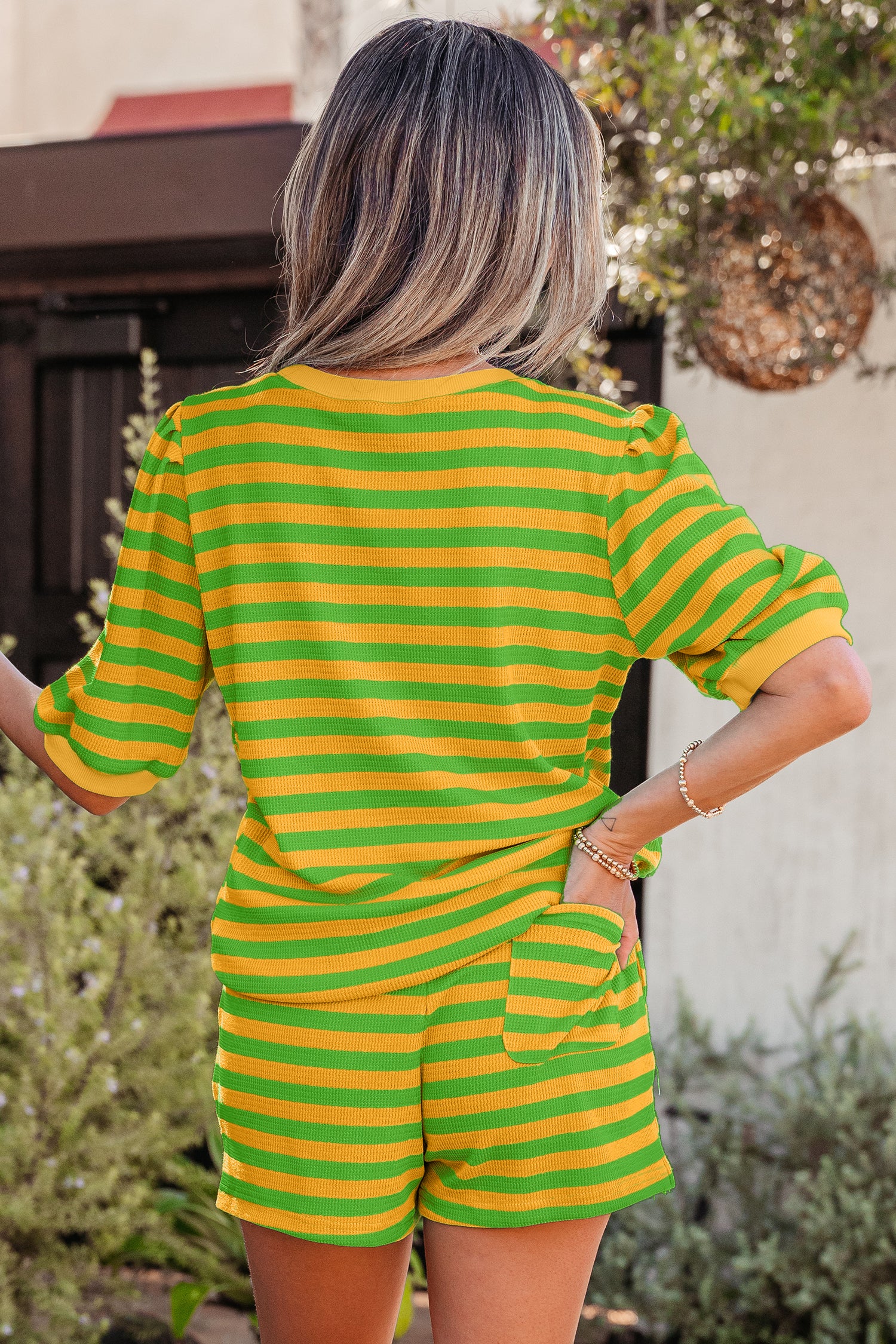 Puff Short Sleeve T Shirt Matching Shorts Set – Green Stripe
