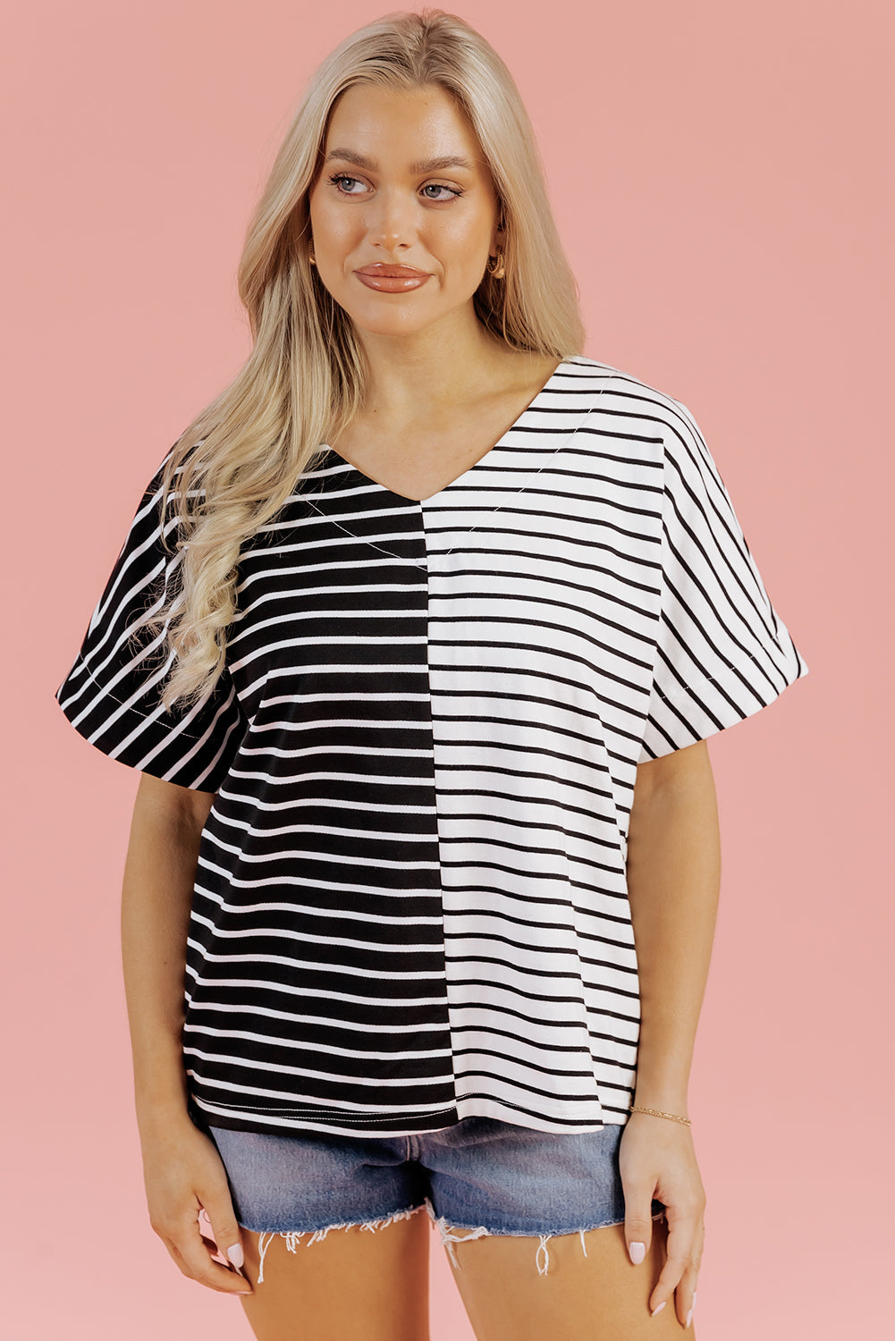 Black Stripe Two Tone Colorblock V Neck T Shirt BB Fashion Outlet