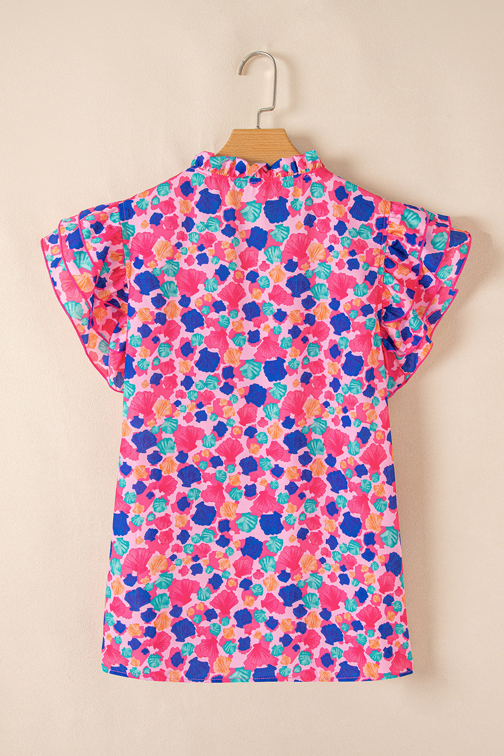 Rose Red Abstract Print Ruffled Sleeve V Neck Blouse eAura
