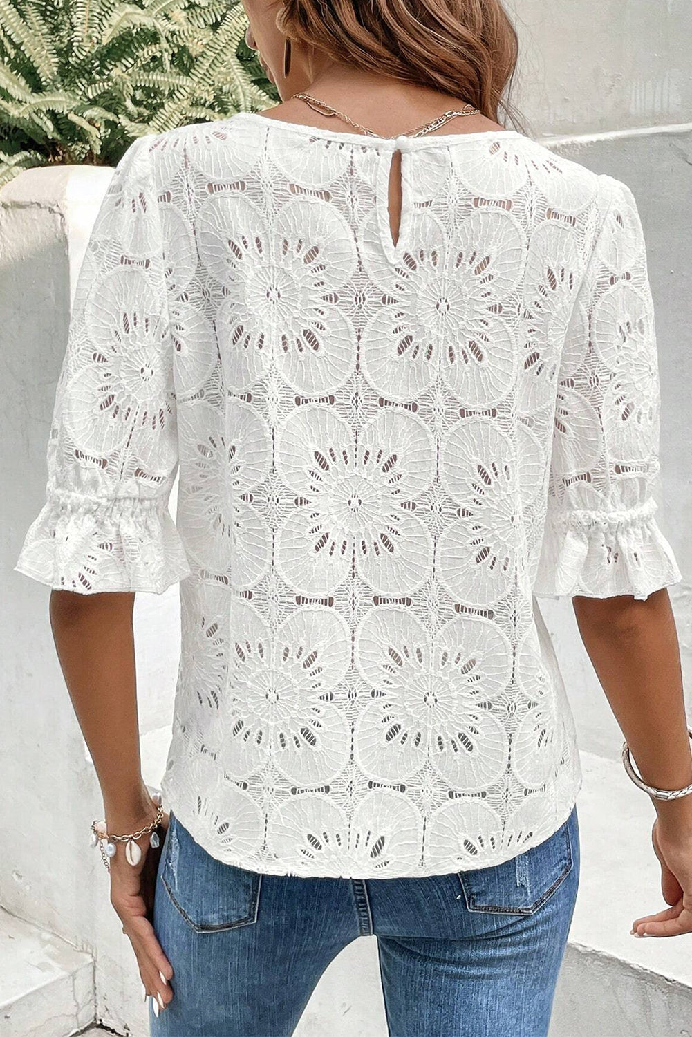 Black Flower Eyelet Jacquard Keyhole Flounce Sleeve Top eAura