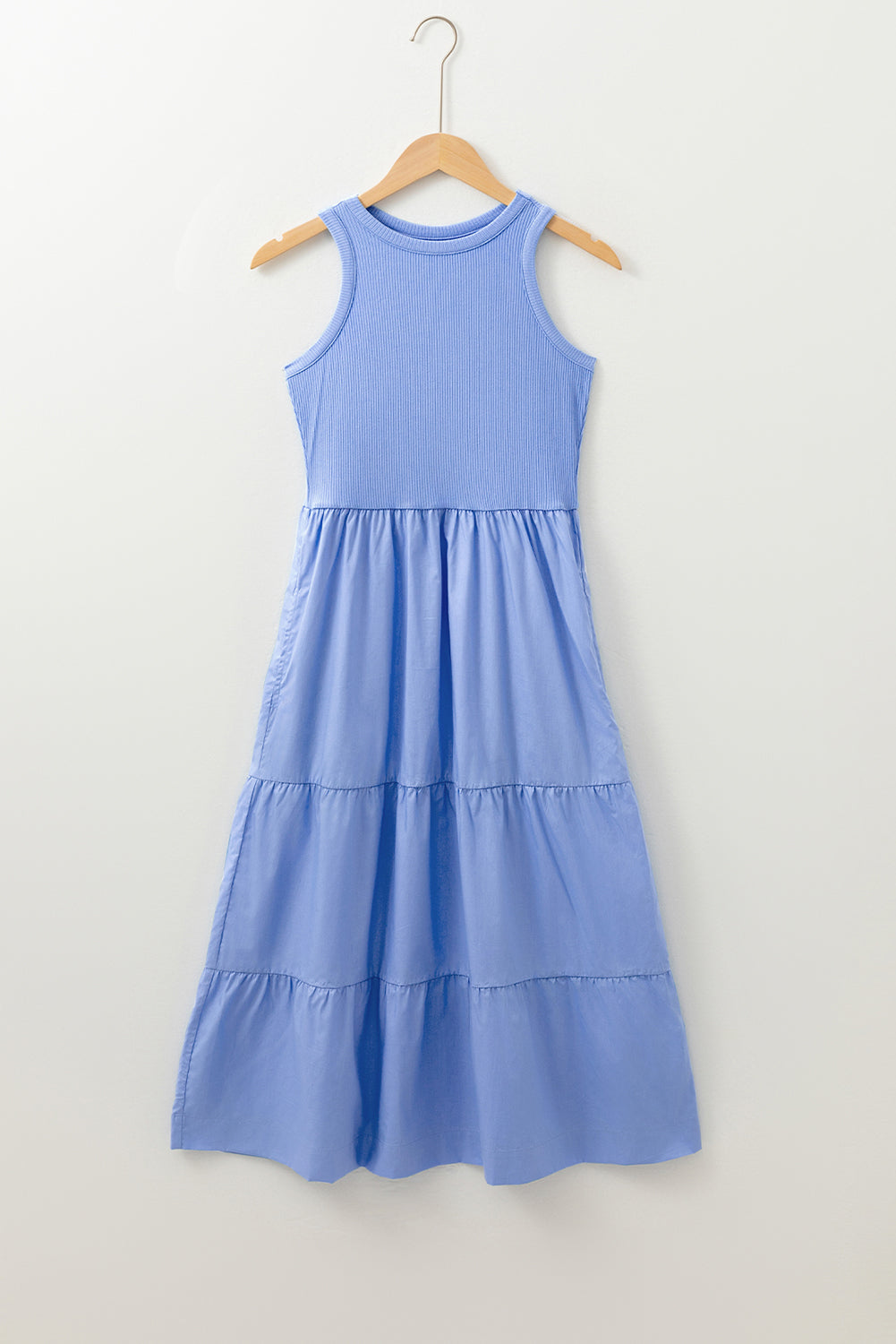 Myosotis Ribbed Vest Patchwork Tiered Midi Dress with Pockets BB Fashion Outlet