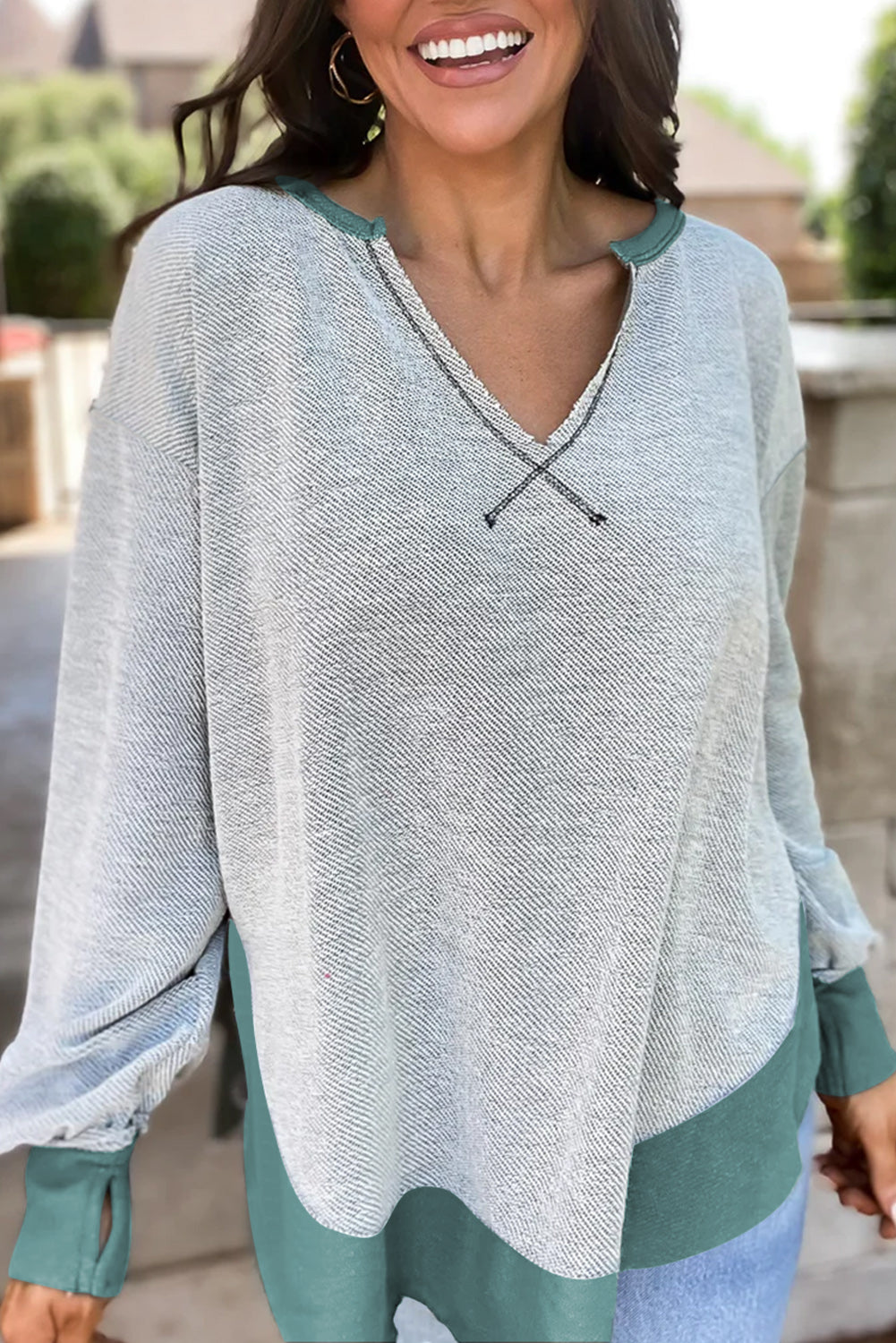 Laurel Green Exposed Seam Contrast Edge Notched Neck Sweatshirt eAura