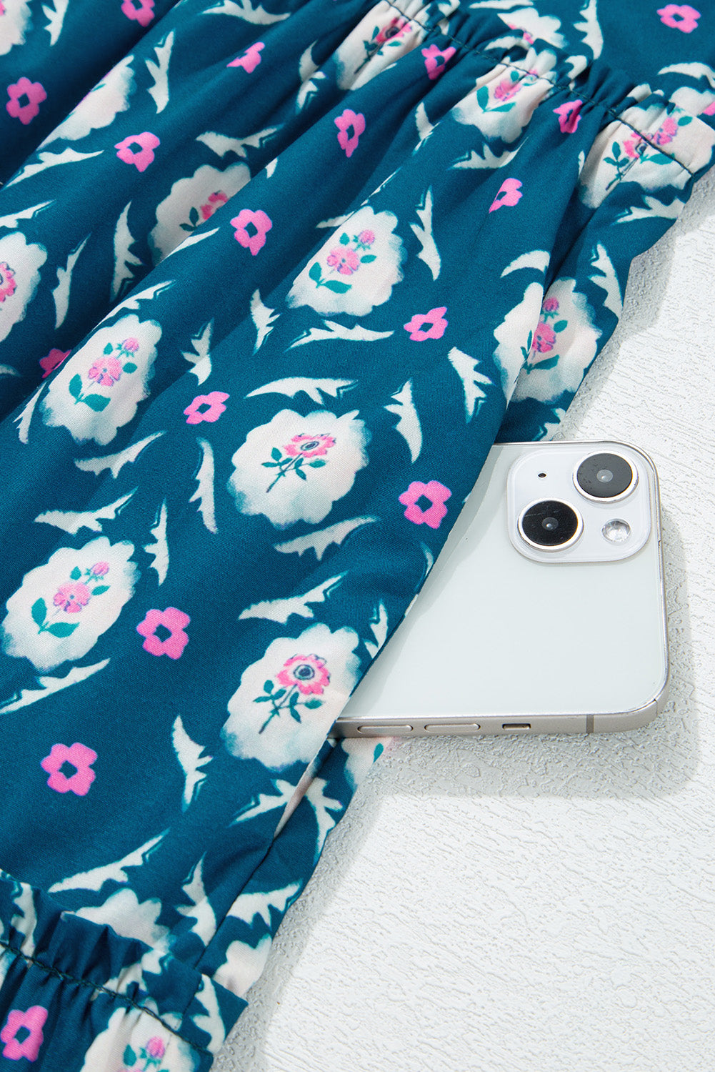 Blue Retro Floral Print Split Neck Ruffle Short Sleeve Dress eAura