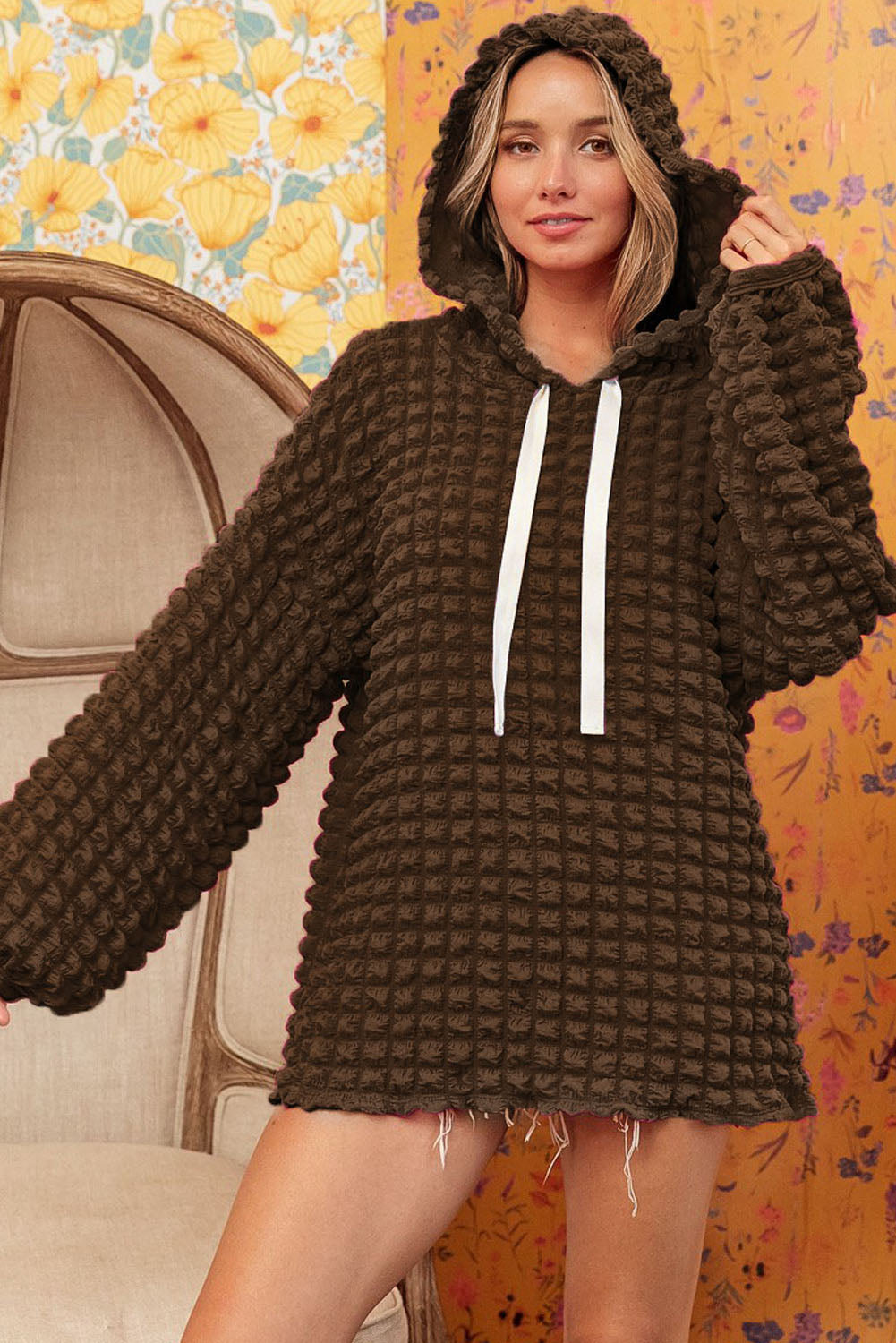 Rose Bubble Textured Waffle Hoodie eAura