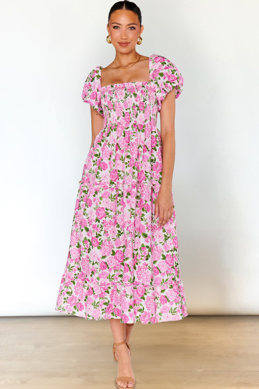 Pink Dainty Floral Smocked Puff Sleeve Flowy Long Dress eAura
