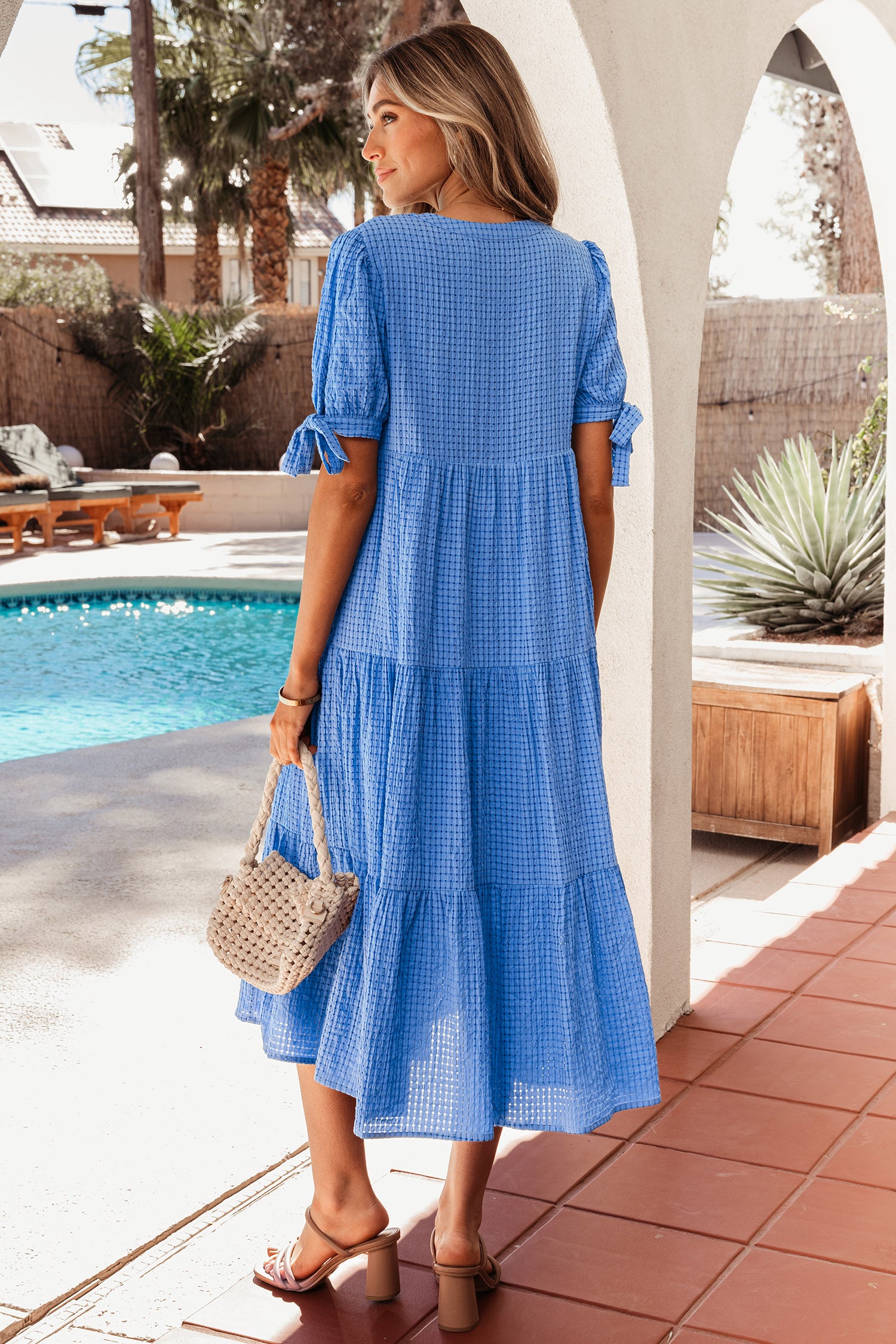 Gingham Textured Bow Tie Sleeve Tiered Midi Dress with Pockets