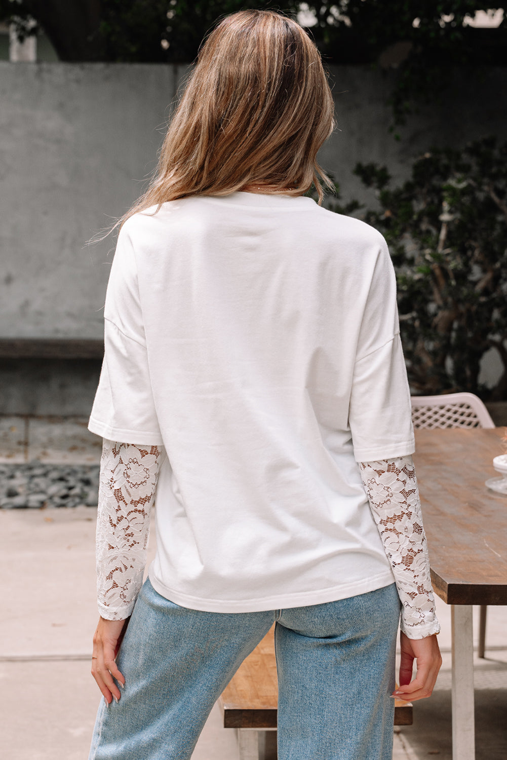 White Lace Long Sleeve Insert Drop Shoulder Tee eAura