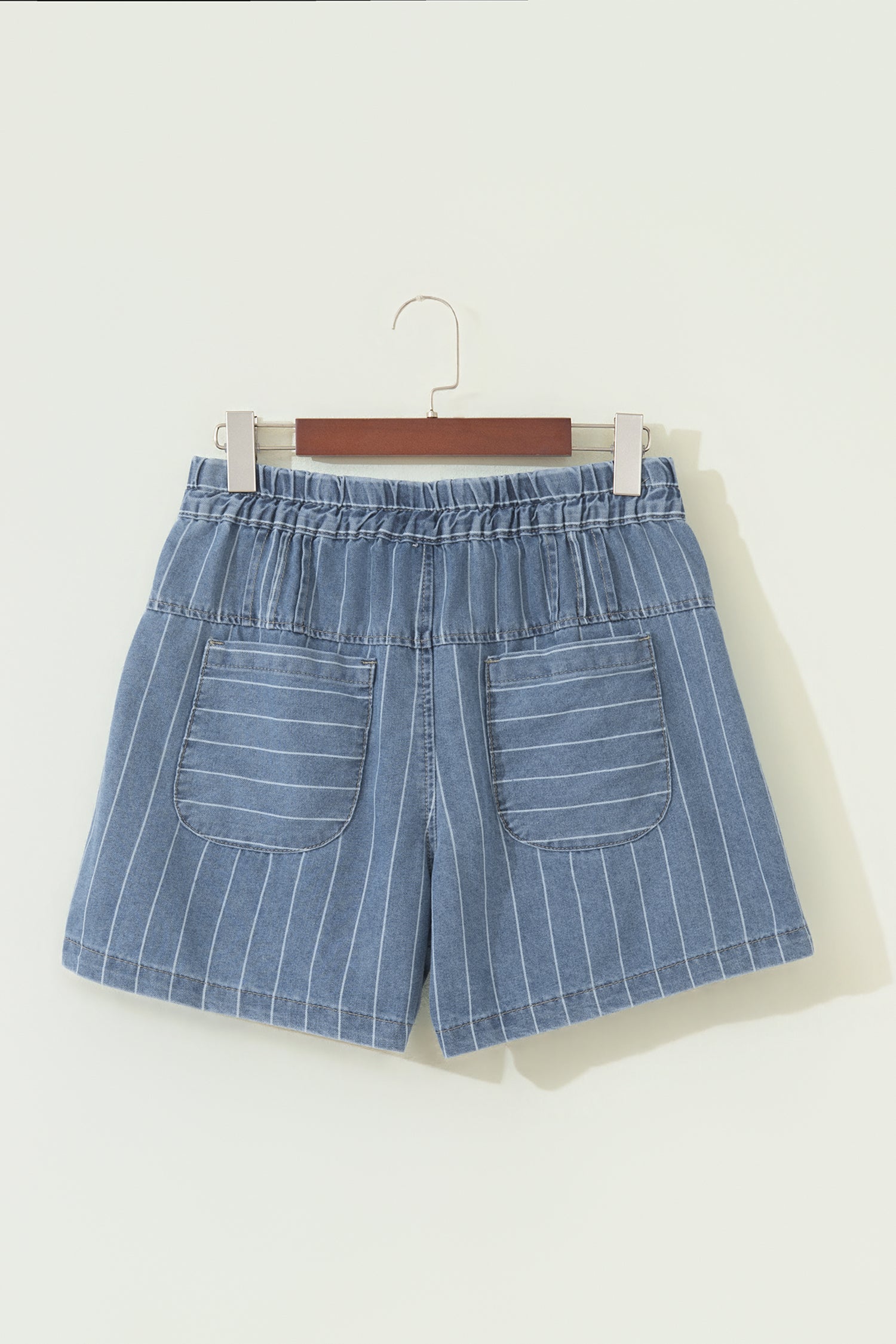 Sky Blue Stripe Drawstring Pleated High Waist Denim Shorts