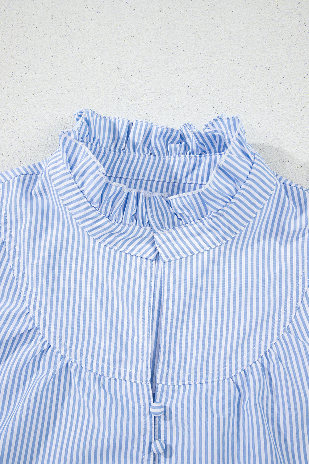 Blue Stripe Ruffled Collar Puff Sleeve Half Buttons Blouse eAura