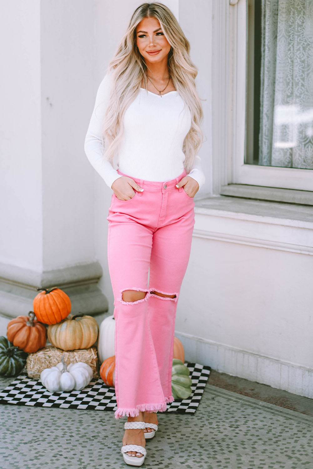 Pink Vintage High Waist Flare Leg Ripped Raw Hem Jeans Beagle Boutique Fashion Outlet