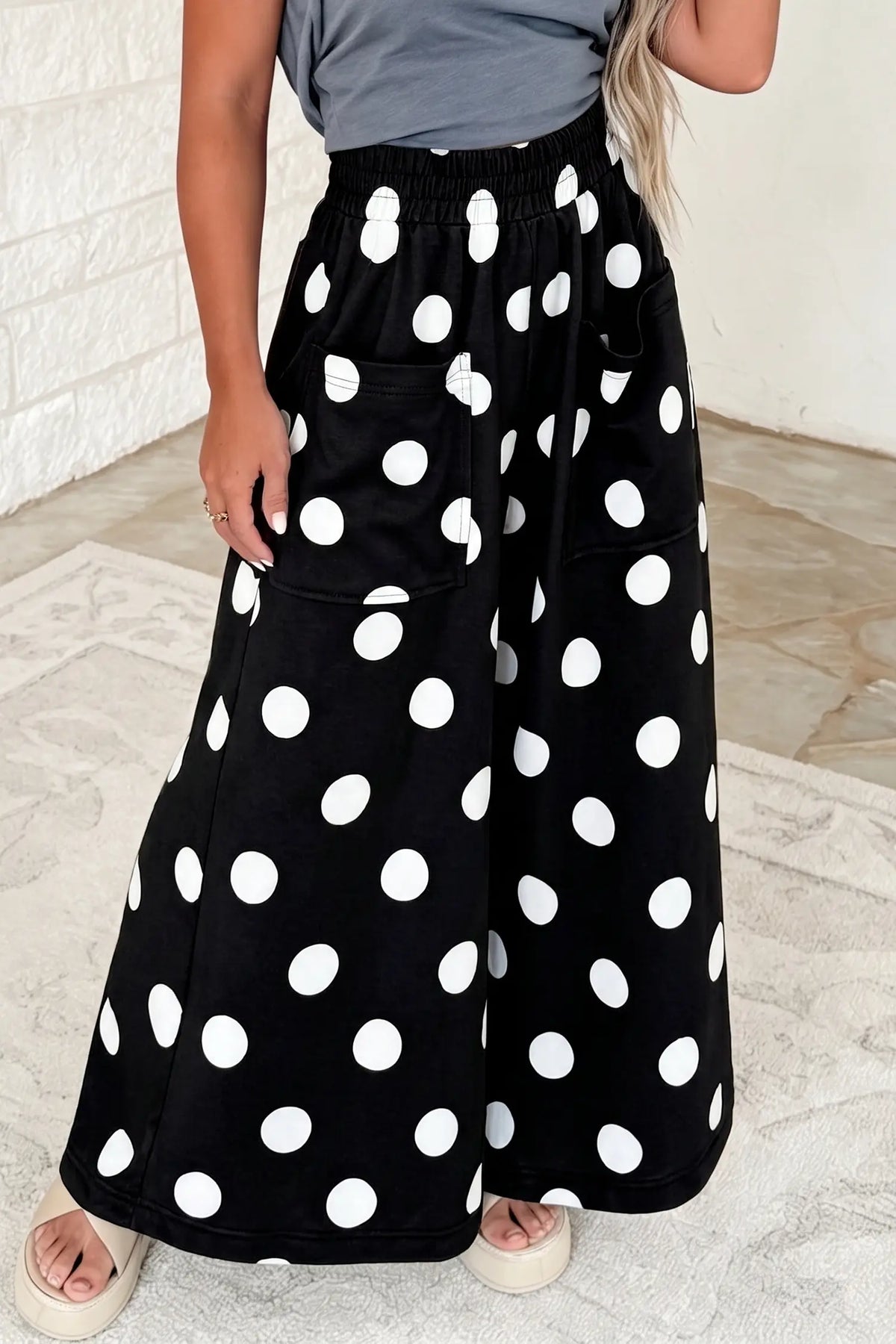 Sail Blue Polka Dot Wide Leg Elastic Waist Casual Pants