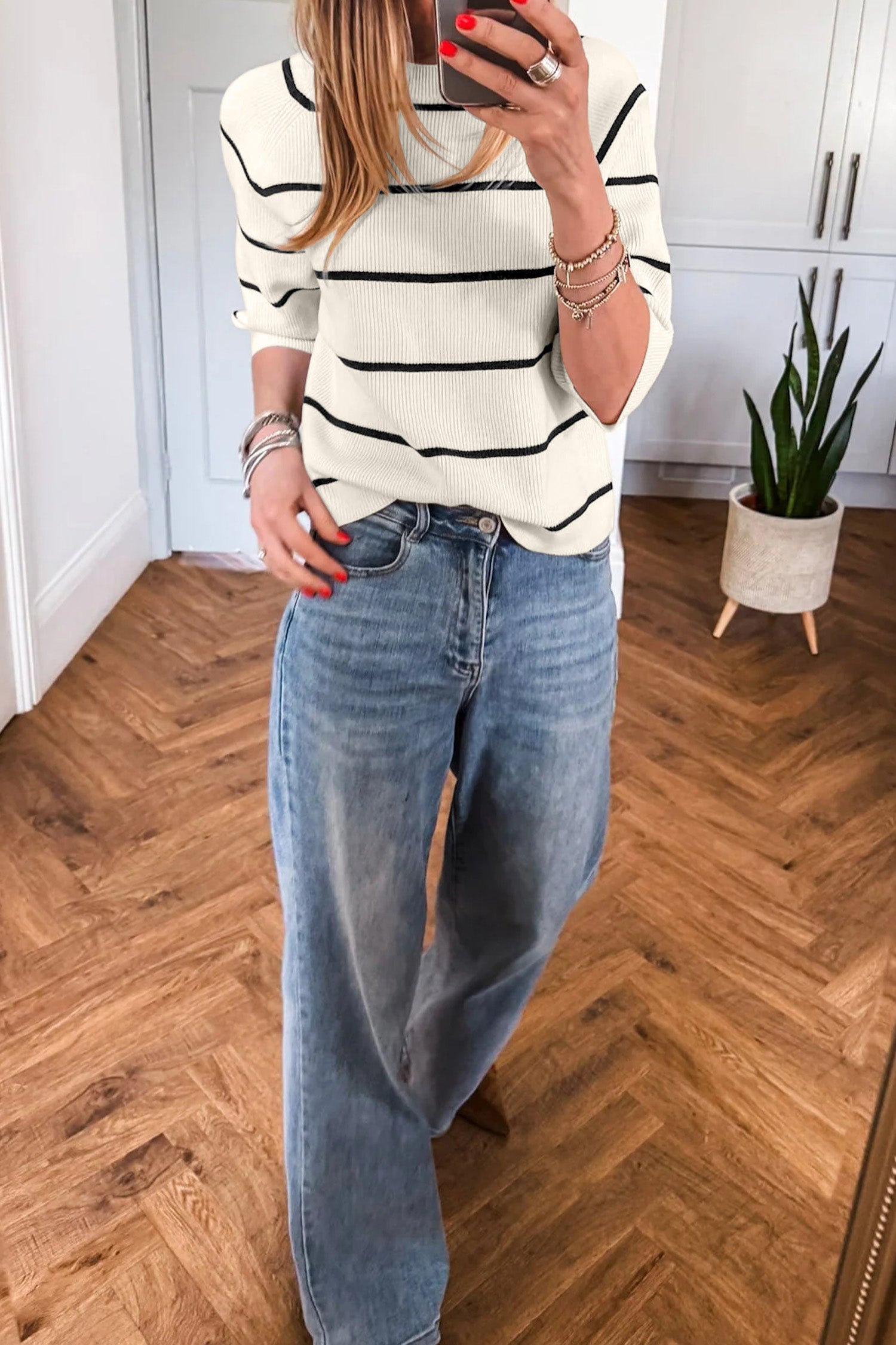 Ribbed Knit Half Sleeve Loose Sweater Tee – White Stripe