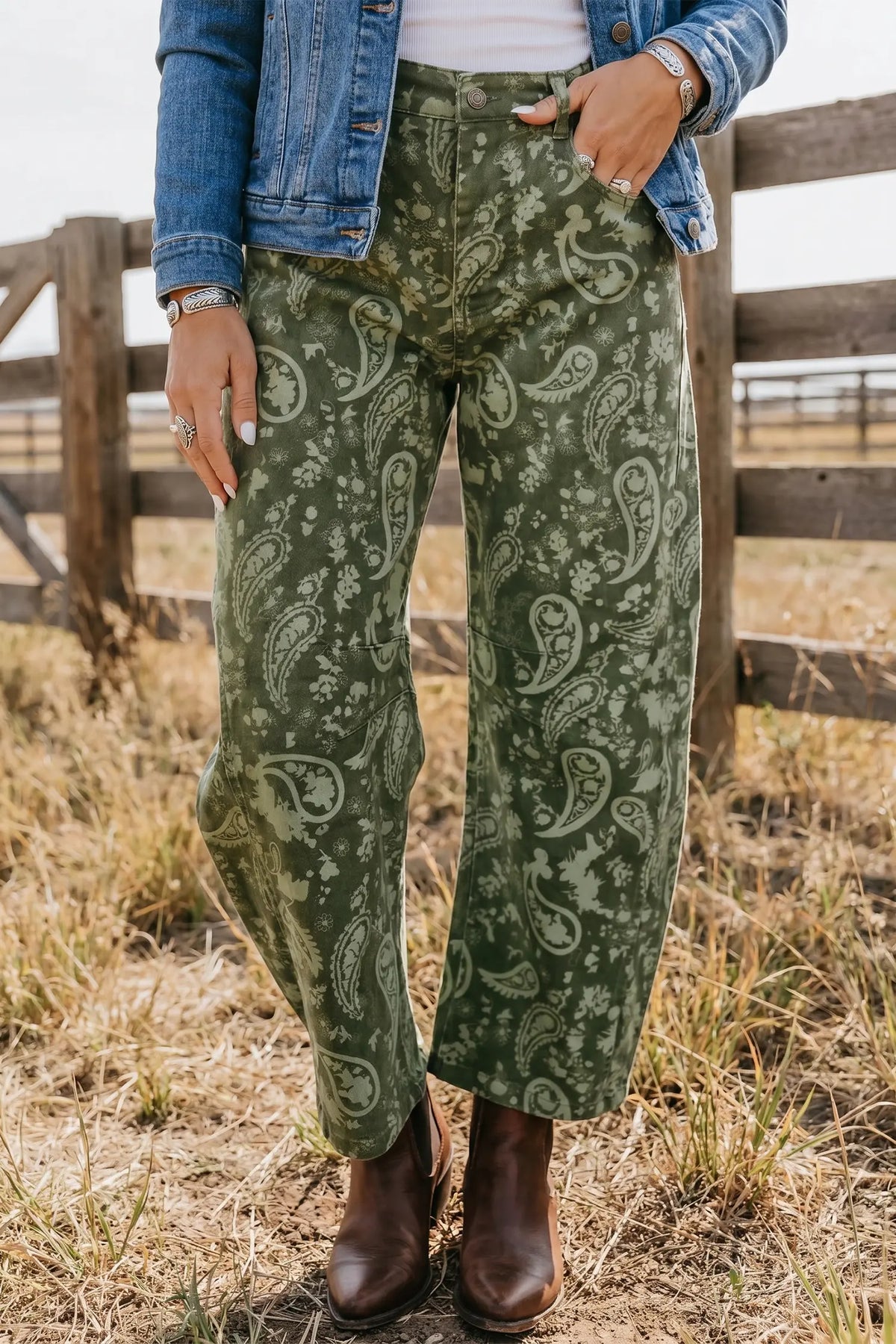 Paisley Print Harem Denim Pants – Green