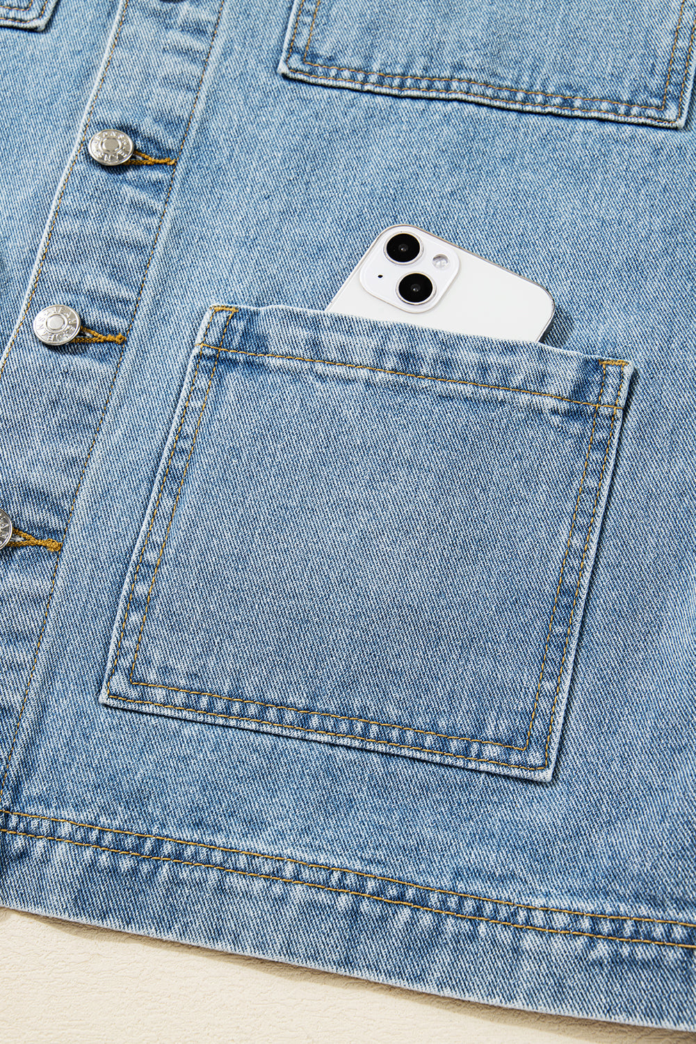 Beau Blue Multi Patched Pockets Side Tie up Boyfriend Style Denim Jacket eAura