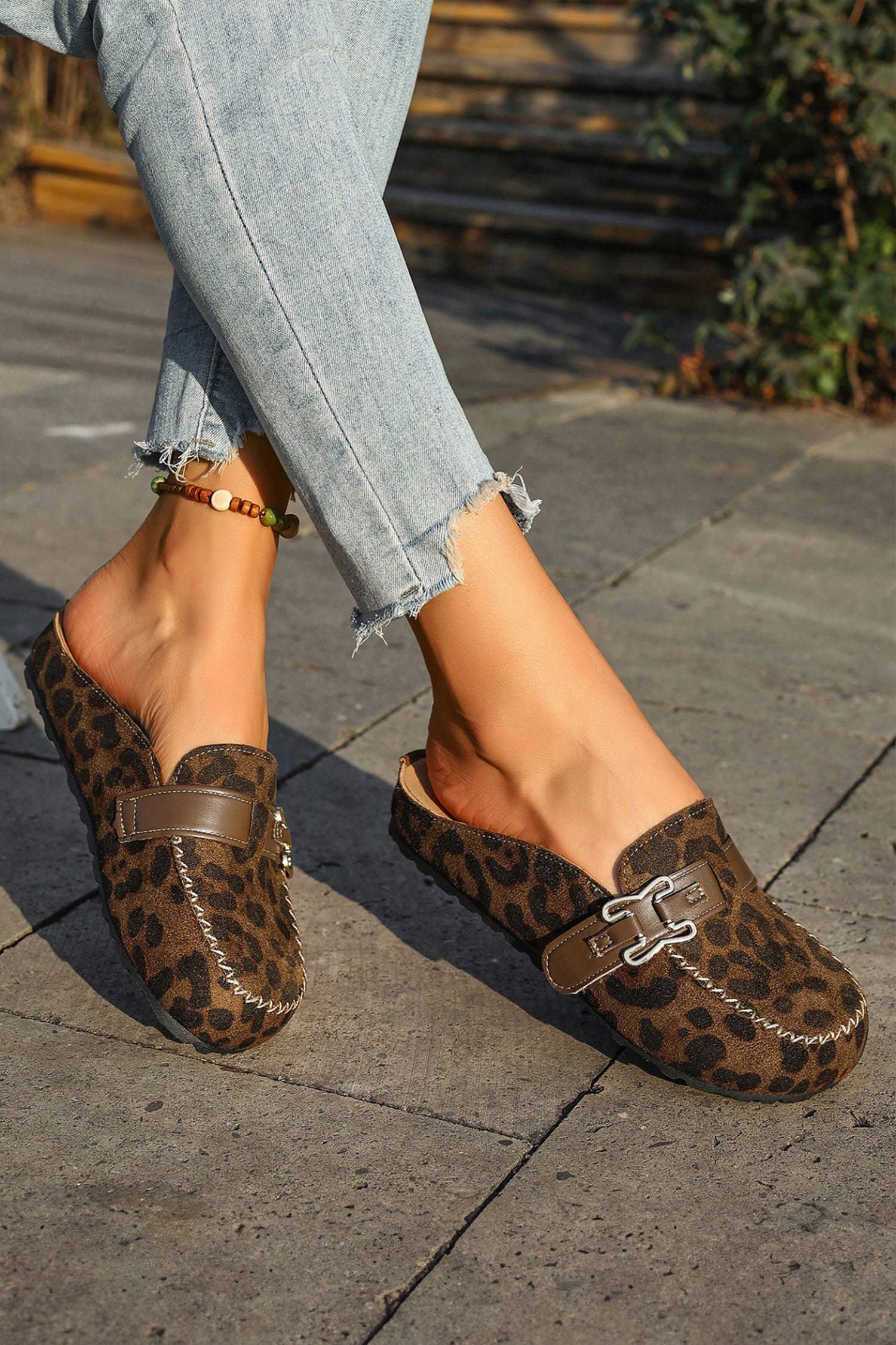 Coffee Faux Suede Buckle Strap Mule Sandals