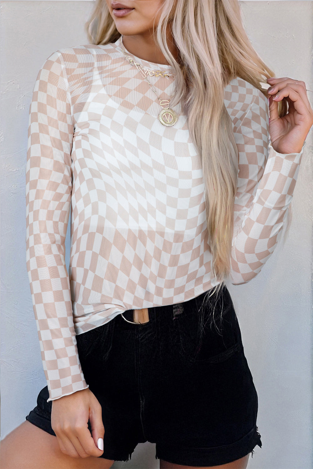 Khaki Checkered Pattern Mesh Mock Neck Long Sleeve Top eAura