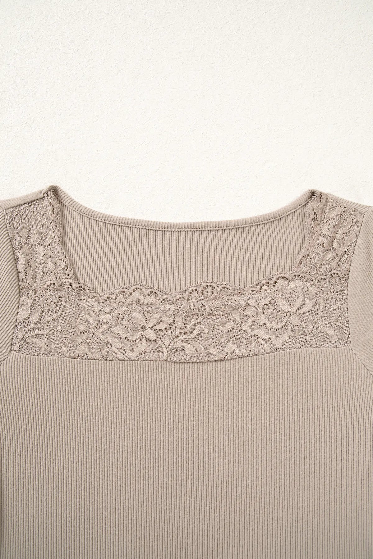 Solid Colour Ribbed Lace Neck Long Sleeve Top – Dune