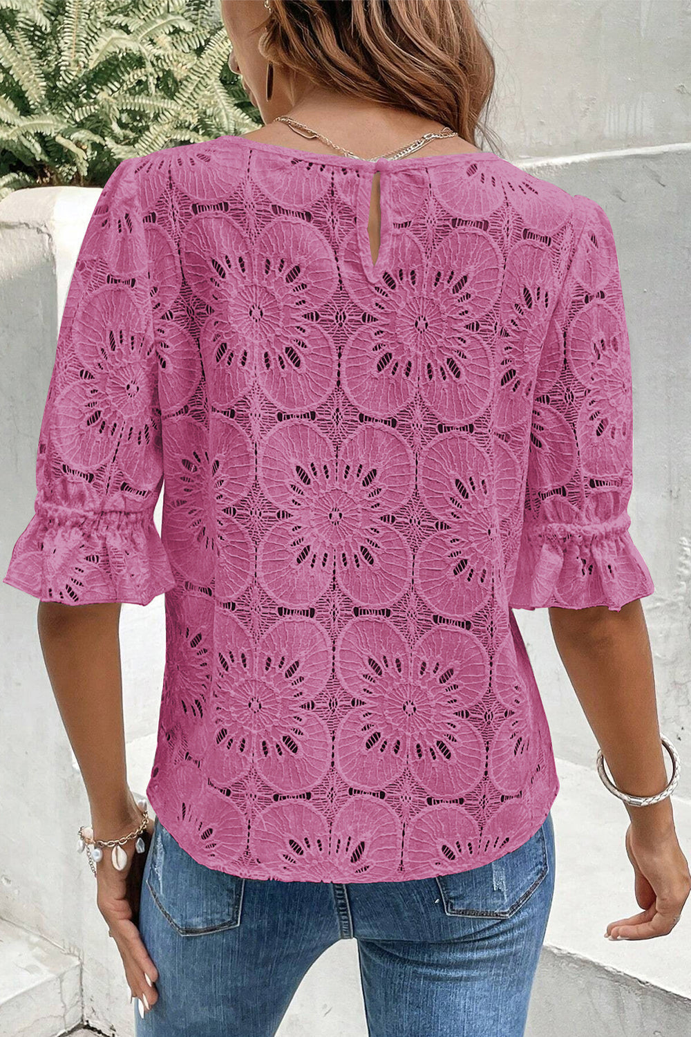 Black Flower Eyelet Jacquard Keyhole Flounce Sleeve Top eAura