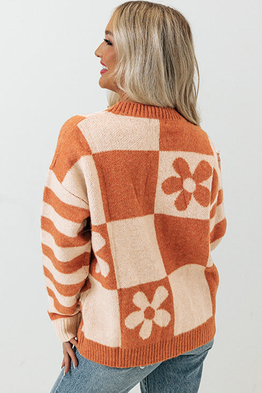 Brown Checkered Floral Print Striped Sleeve Sweater eAura