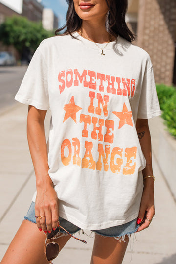 White SOMETHING IN THE ORANGE Graphic Crew Neck T Shirt eAura