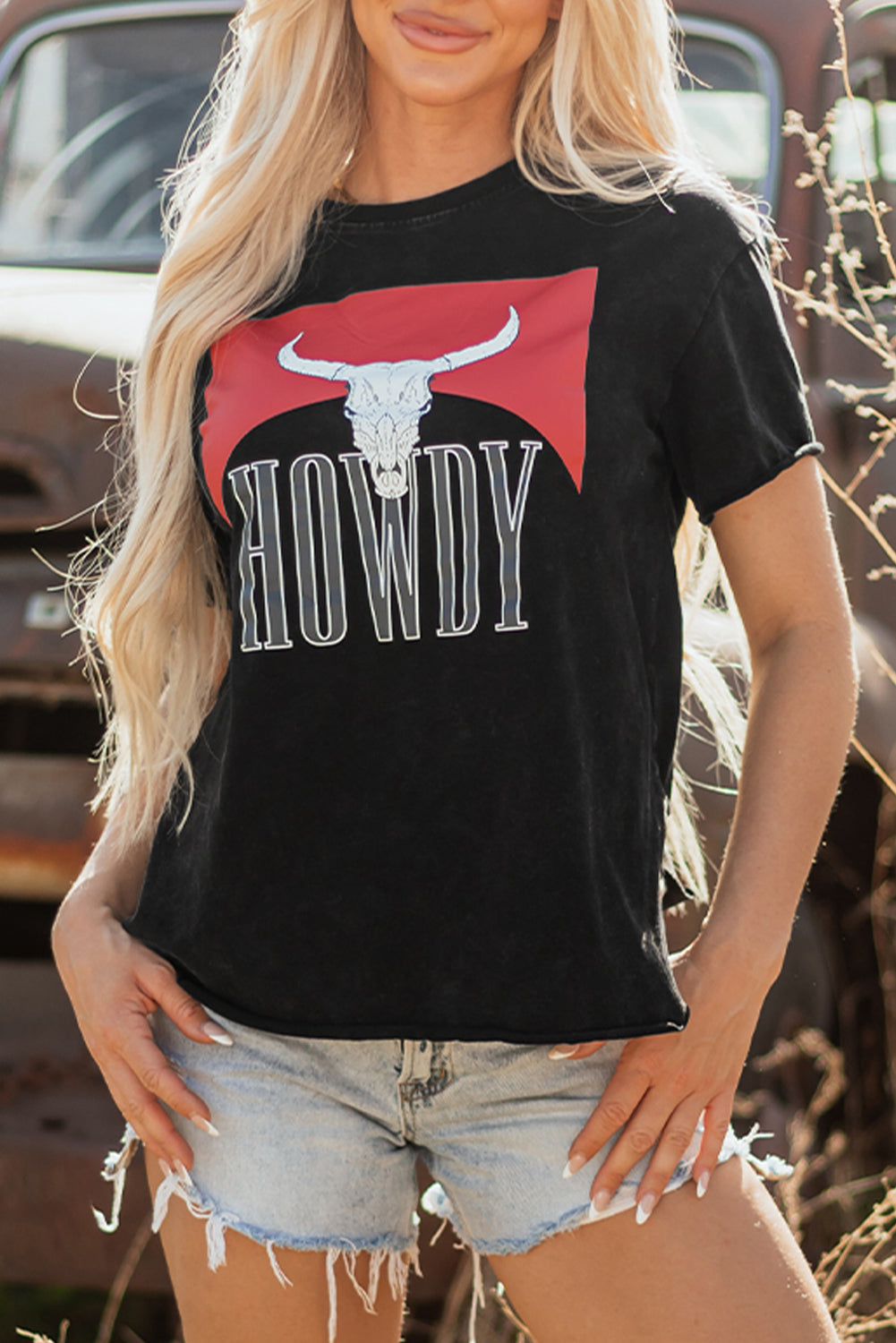 Black Western HOWDY Steer Head Print Side Slits Loose Fit T Shirt eAura