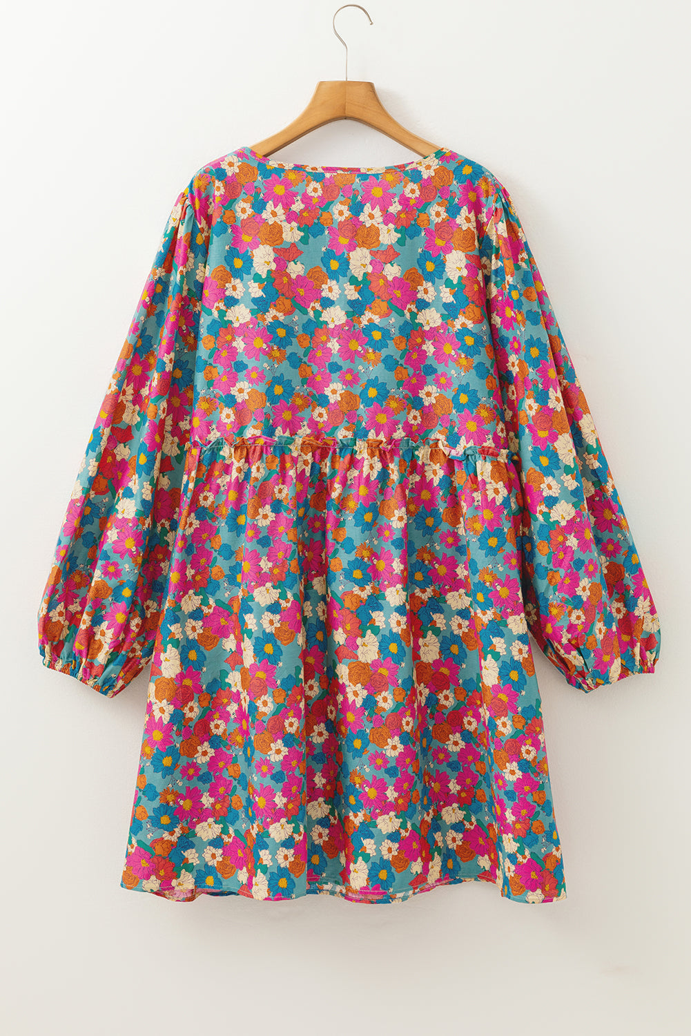 Sky Blue Plus Size Floral Print Shirred Ruffle Tiered Mini Dress BB Fashion Outlet