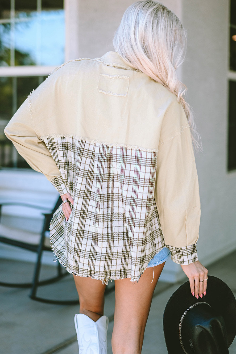 Khaki Distressed Raw Edge Plaid Patchwork Denim Jacket Beagle Boutique Fashion Outlet