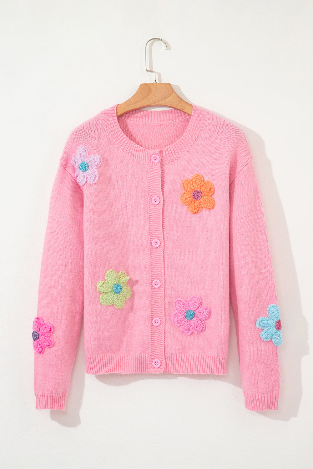 Pink Cute Knitted Floral Pattern Button Up Cardigan eAura