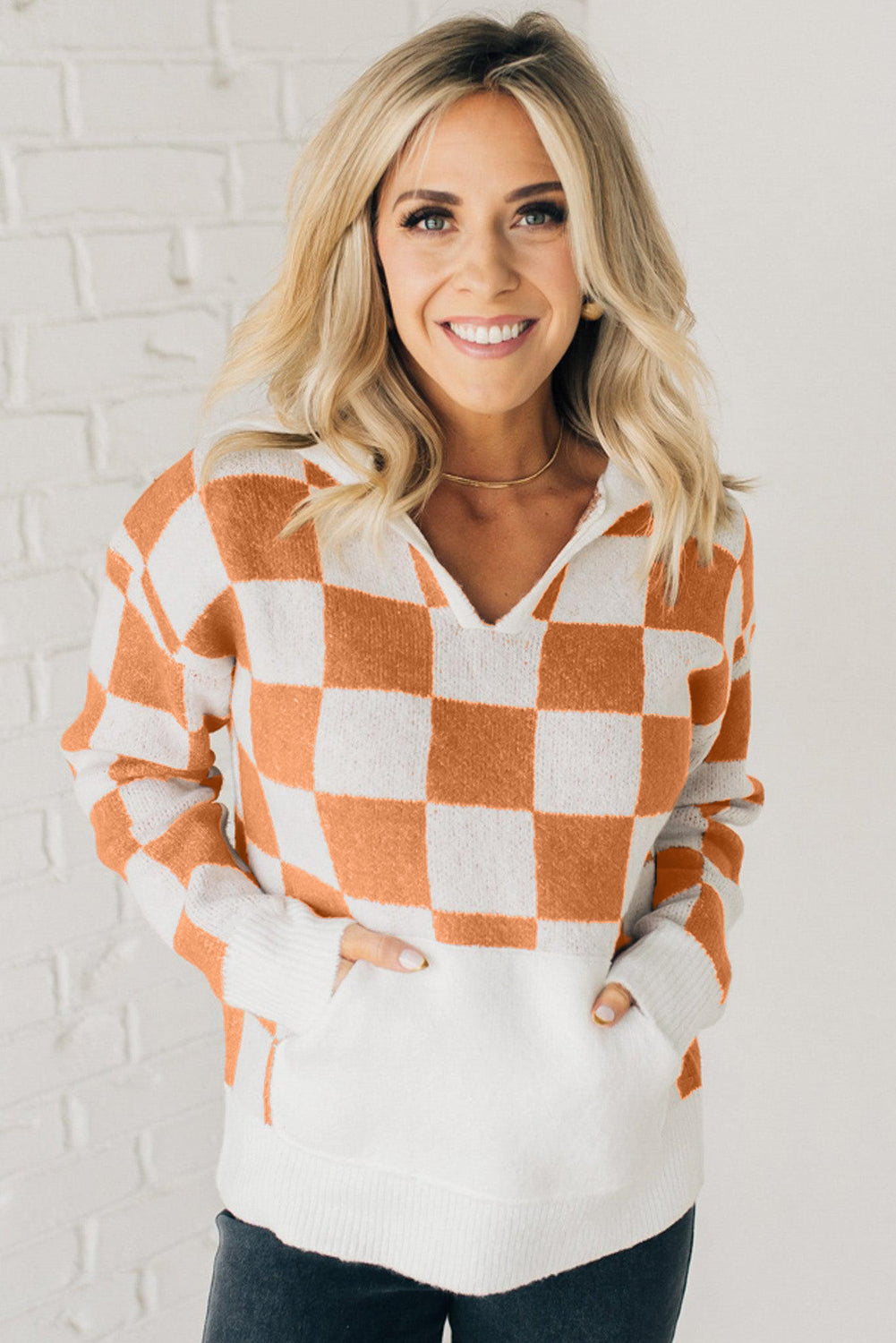 Gold Flame Checkered Split Neck Contrast Kangaroo Pocket Hoodie Sweater eAura