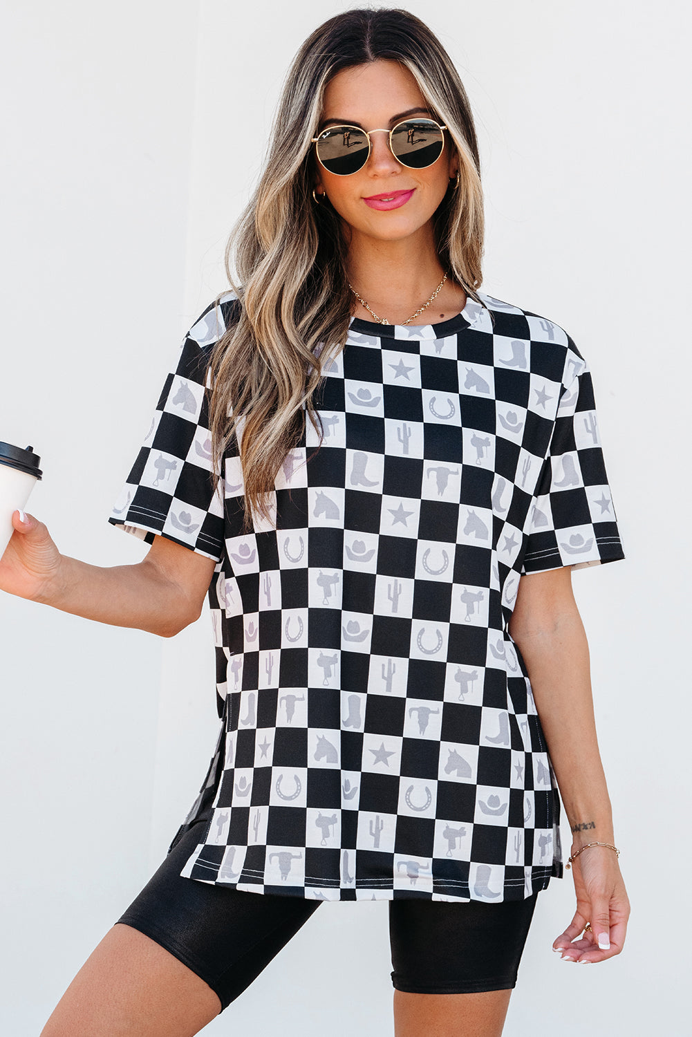 Black Western Fashion Checkerboard Print Side Split T Shirt eAura
